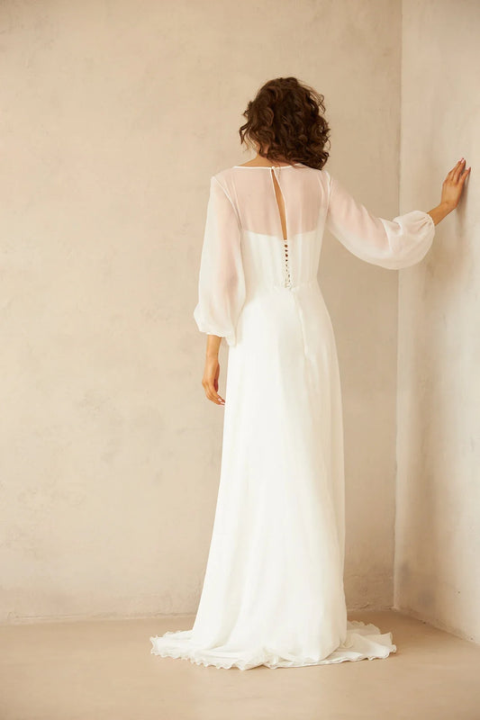Simple Chiffon Wedding Dress Long Sleeve A-line Wedding Dress Minimalist Boat Neckline Wedding Dress Floor Length