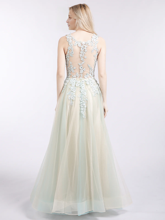 Sleeveless Tulle Round Neck Two Colors Tulle Prom Dress With Applique 