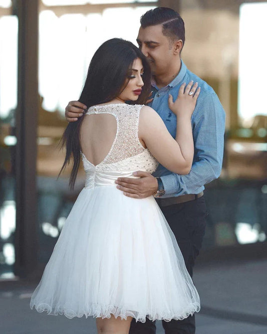 Sleeveless Tulle Short Pearl Beaded Ruffles Homecoming Prom Wedding Dresses