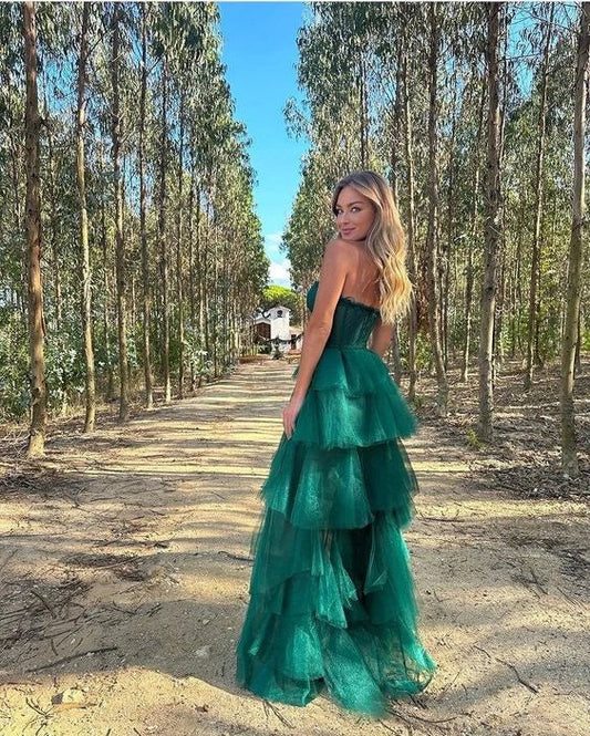 Formal Women's Dresses Sweetheart Tulle Tiered Hunter Green Slit Long Prom Dress Party Dress Prom Dresses Stores