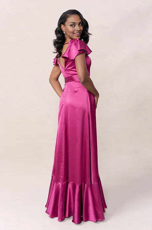 Solid Color A-Line V Neck Flutter Sleeve Satin Floor-Length Prom Dress