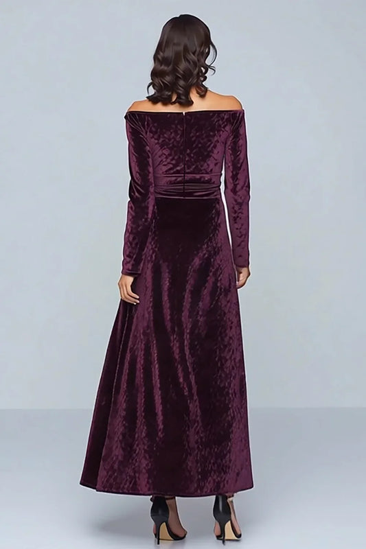 Solid Color A Line Off the Shoulder Long Sleeve Velvet Floor-Length Prom Dress