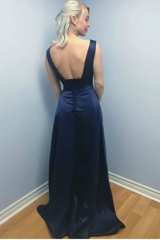 Sophisticated A-Line Round Neck Sleeveless Beaded Satin Maxi Evening Dress