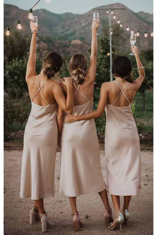 Spaghetti Strap Backless Sheath Tea Length Sleeveless Sexy Bridesmaid Dresses