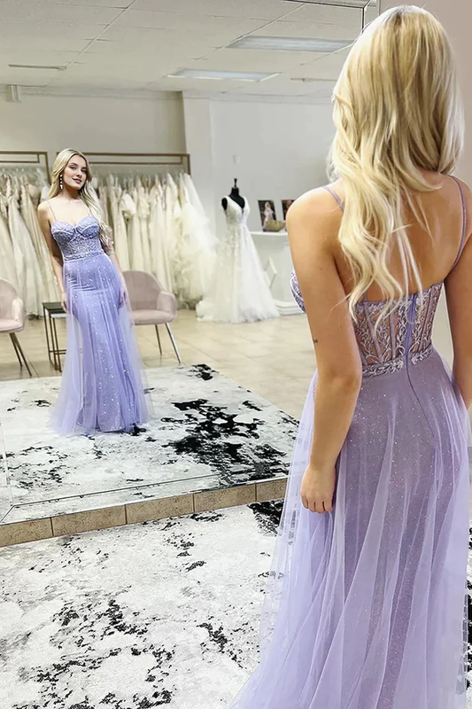 Spaghetti Straps Backless Tulle Lilac Sweetheart Sequins Long Prom Dresses with Appliques