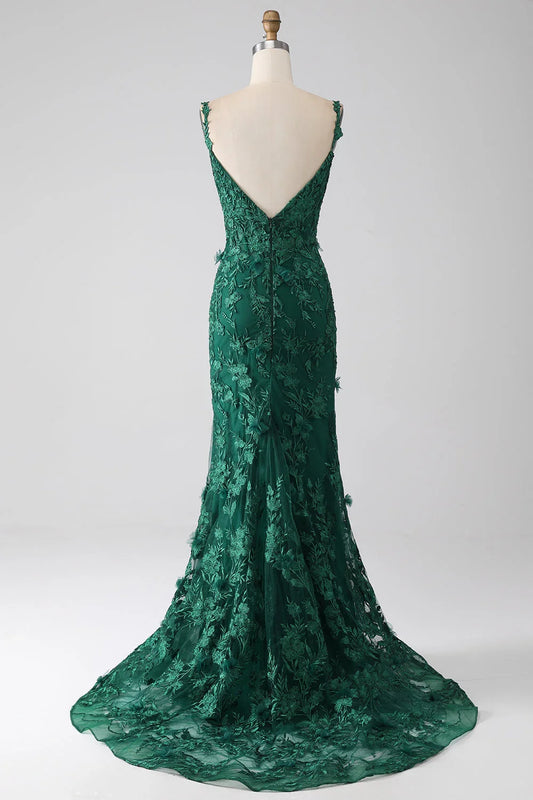 Spaghetti Straps Backless V Neck Dark Green Lace Mermaid Prom Evening Dress With Slit
