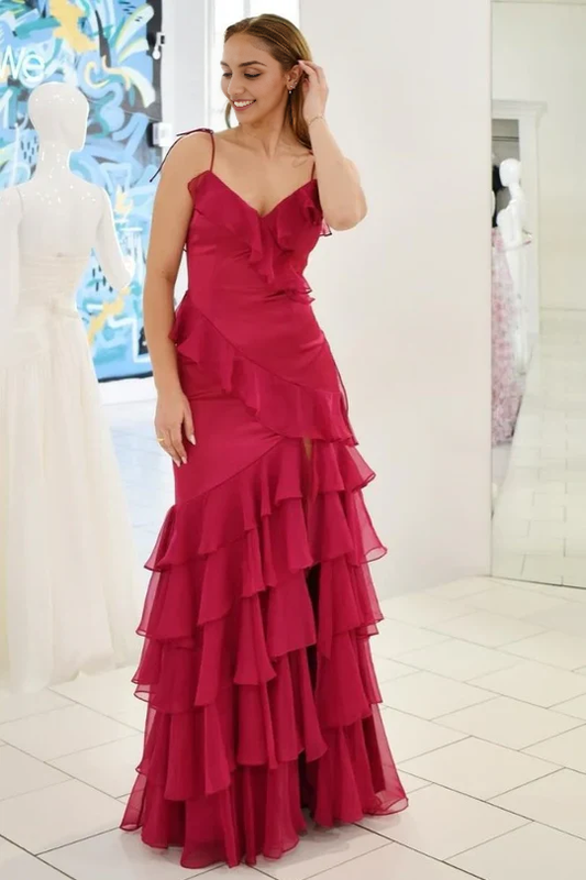 Spaghetti Straps Floor Length Green V-Neck Ruffle Long Prom Dress with Slit