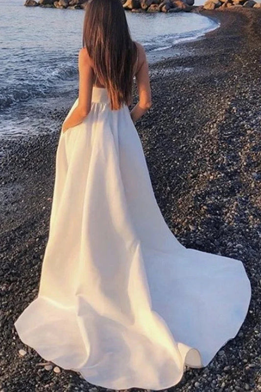 Spaghetti Straps Long White Prom Dress V Neck Evening Dress Open Back With High Slit