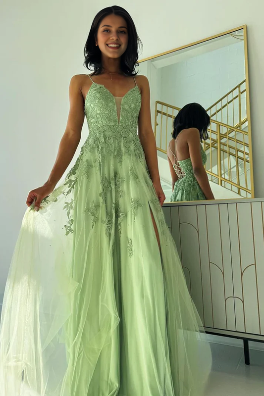 Spaghetti Straps Sage Green V Neck Tulle A-Line Long Prom Dresses With Slit