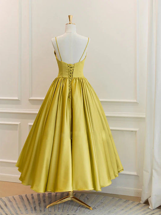 Spaghetti Straps Simple Yellow Satin Tea Length Prom Dress With Bow