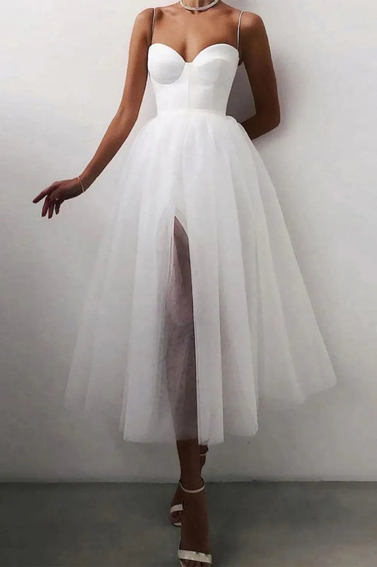 Spaghetti Straps Tulle A-line Tea-Length Simple Prom Dress With Slit