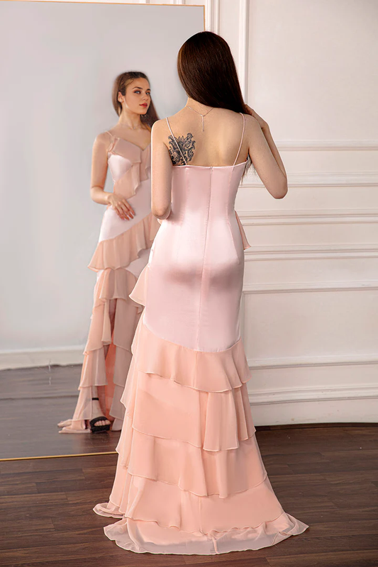 Spaghetti Straps V Neck Multi Layer Light Pink Ruffled Prom Dress with Slit