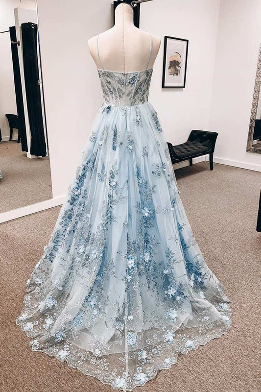 Spaghetti Straps Vintage Blue 3D Floral Lace Sweetheart A-Line Long Prom Dress