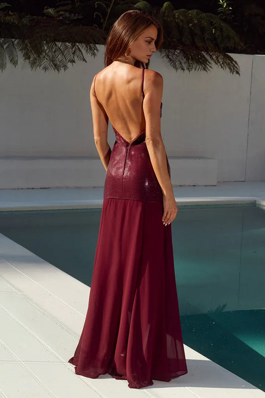 Sparkle Sheath/Column Deep V Neck Sleeveless Sequins Backless Floor-Length Prom Dress