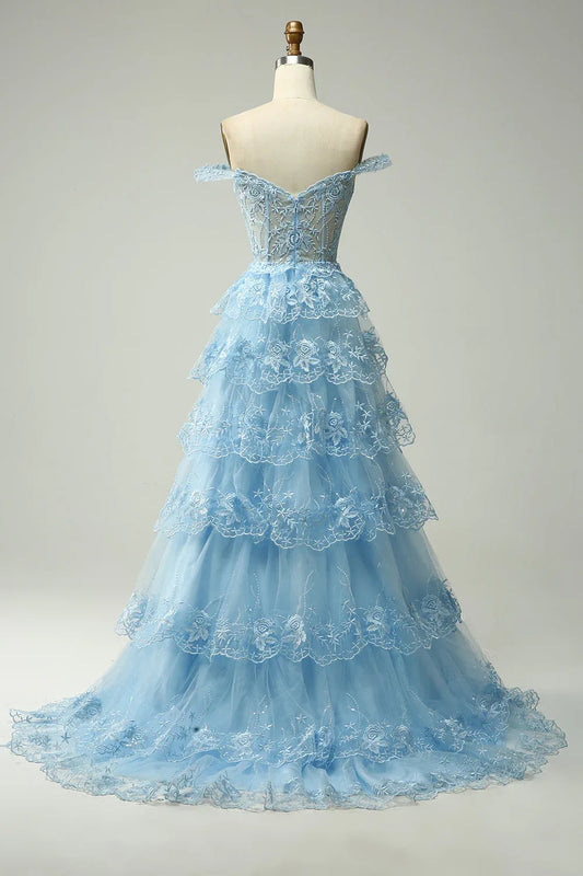 Graceful Off the Shoulder Sleeveless Princess Tulle Tiered Slit Long Prom Dress