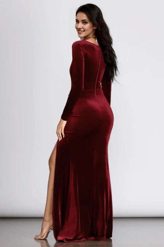 Square Neck Floor Length Mermaid Long Sleeves Evening Dress With Hight Slit