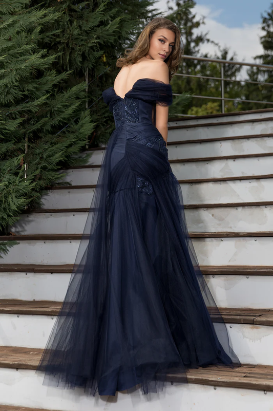 Stores With Prom Dresses Off-the-shoulder Tulle And Lace Evening Dress With Hand-sewn Formal Wear Dresses With Hight Slit