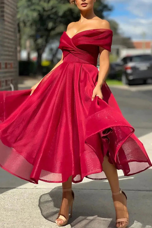 Strapless A-line Tulle Off The Shoulder Tea-Length Prom Dress