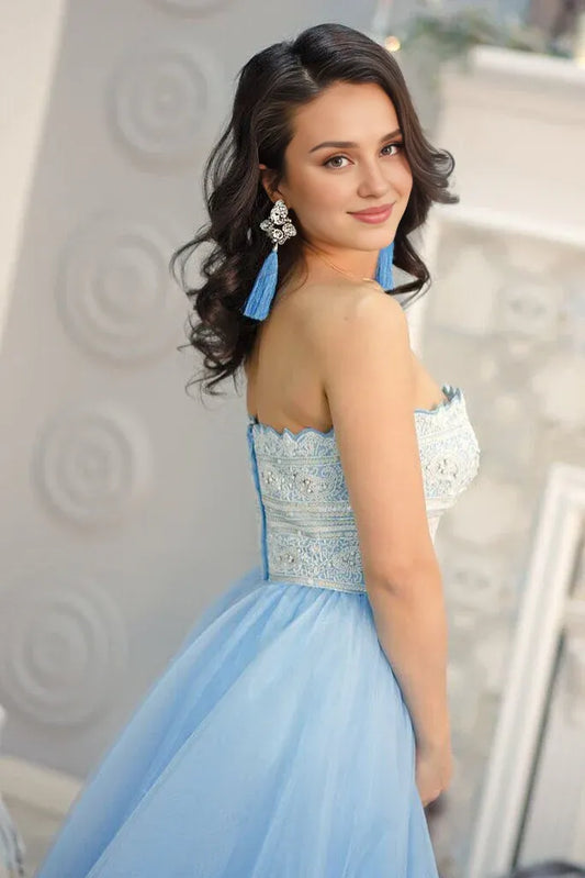 Prom Dresses Stores Princess Strapless Sky Blue Long Tulle A Line Prom Dress with White Lace Formal Women's Dresses