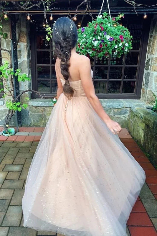 Formal Women's Dresses Strapless Sweetheart Tulle Long Prom Dresses A Line Party Dress Prom Dress Store