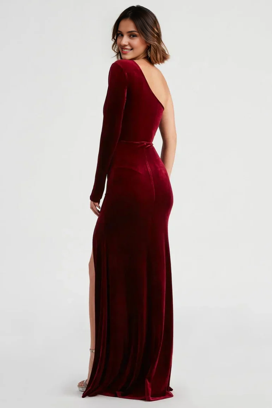 Strapless Velvet Floor Length Mermaid One-Shoulder Long Sleeves Evening Dress With Hight Slit