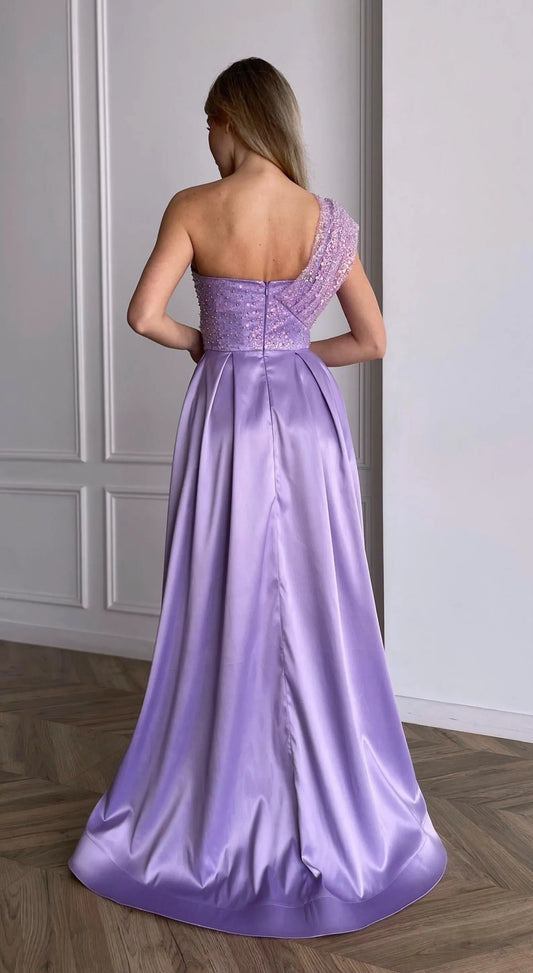 Stunning A-Line One-Shoulder Beaded Sequin Lavender Long Prom Dress With Pockets