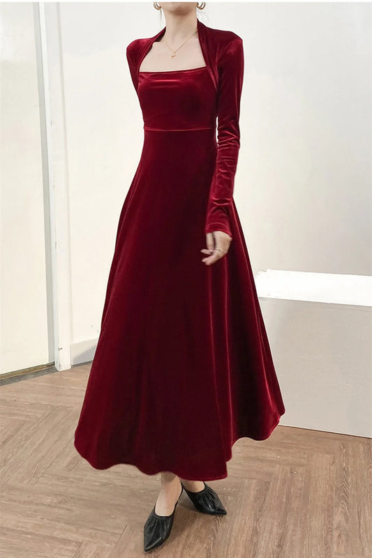 Sweetheart Neck Velvet Dress for women Bridesmaid Dress Fall Winter Long Sleeve Maxi Dress Party Dress Formal Dress