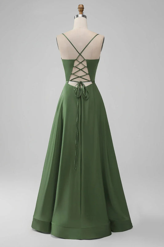 Satin V Neck A-Line Long Bridesmaid Dress