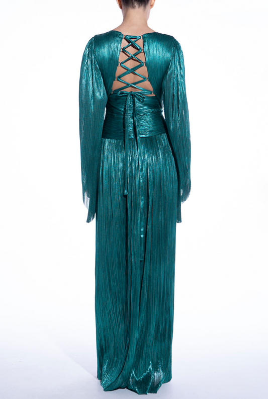 Prom Dress In Store Chic V Neck A-line Long Sleeves Evening Dress Teal Backless Lace Up With Slit Pleated Dresses Evening Wear