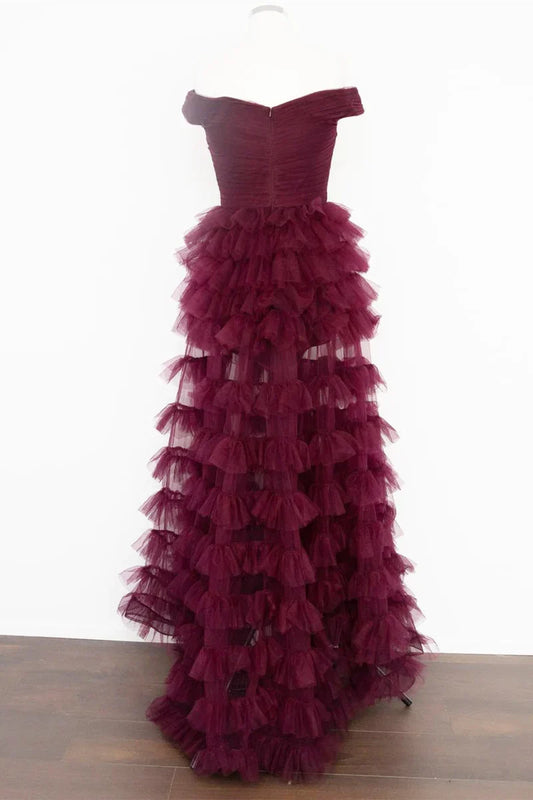 Formal Wear Dresses Dark Berry A-Line Off Shoulder Pleated Sheer Tulle Tiered Long Prom Dress Prom Dresses Shops Formal Women's Dresses
