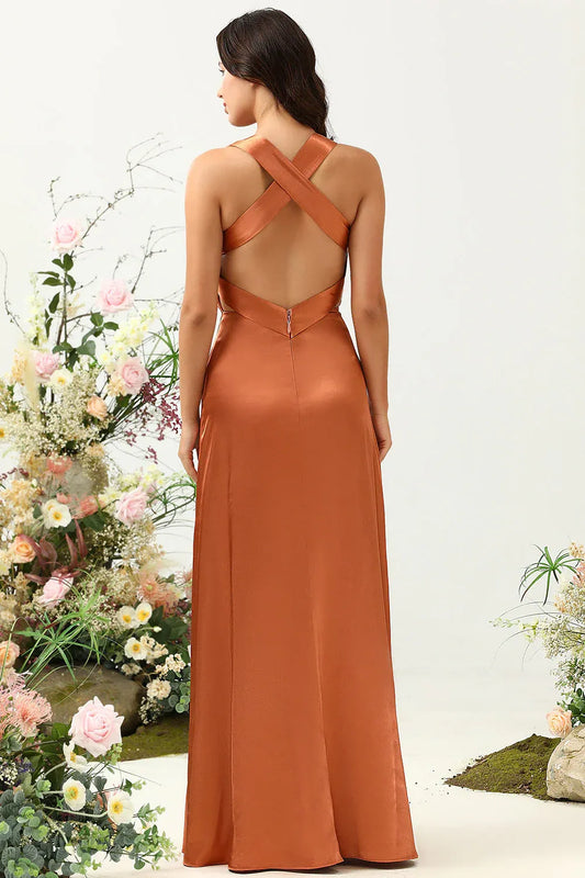 Trendy A Line V Neck Sleeveless Satin Ruched Floor-Length Prom Dress