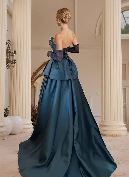 Trendy Ball-Gown Sweetheart Sleeveless Tiered Satin Sweep Train Prom Dress