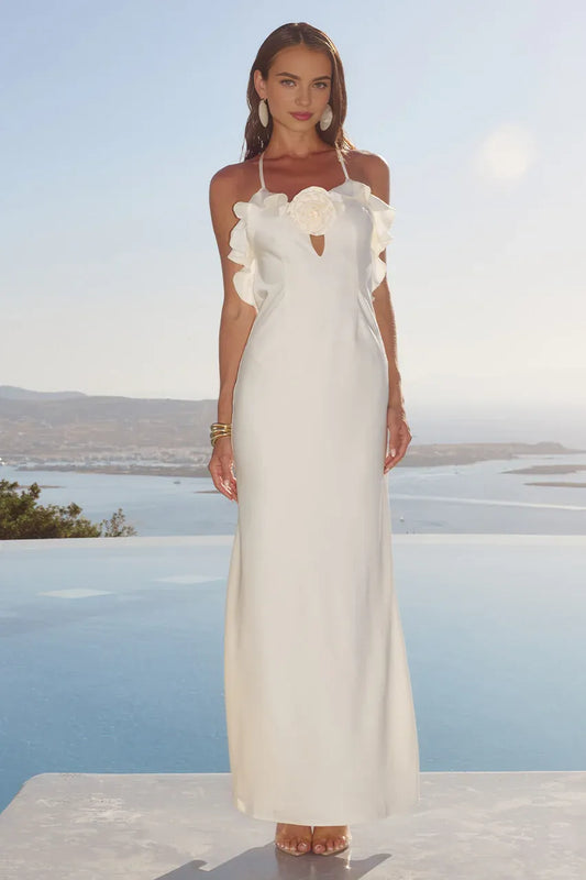 Trendy Fitted Spaghetti Straps Sleeveless Flower Satin Floor-Length Prom Dress