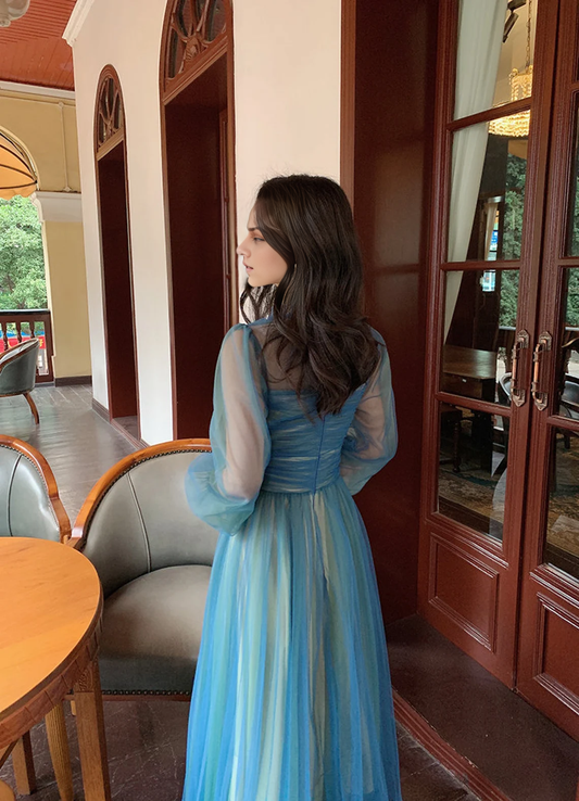Tulle A-line Fairy Tale Mesh Dress Long Sleeve V Neck Retro French Style Dress Prom Dress