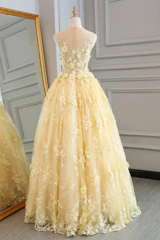 Formal Women's Dresses Yellow Sheer A-Line Appliques Tulle Long Prom Dress Prom Dress Stores