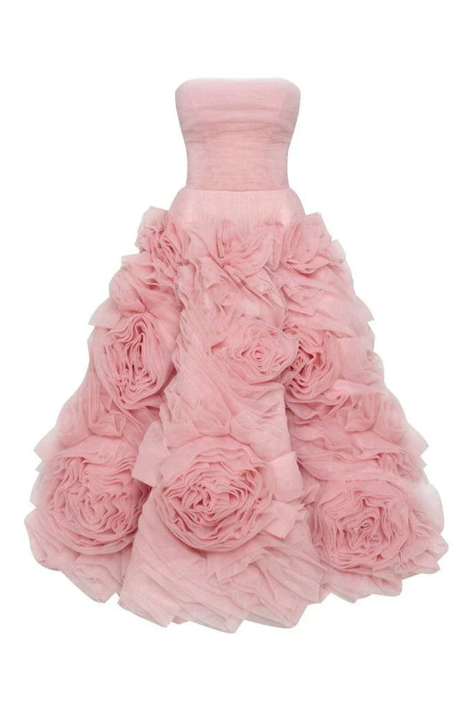 Formal Women's Dresses Misty Pink Flowered Tulle Prom Dress Strapless Midi Dress Cocktail Party Dress Prom Clothing