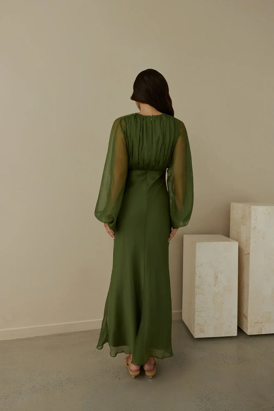 V Neck Ankle-Length Tulle Dress Green Sheer Balloon Sleeves Sheath Simple Zipper Up Prom Dress With Scarf