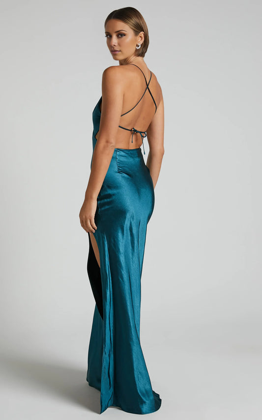 V Neck Open Back Bias Cut Floor-Length Dress Teal Sheath Solid Color Simple Satin Backless Evening Dress