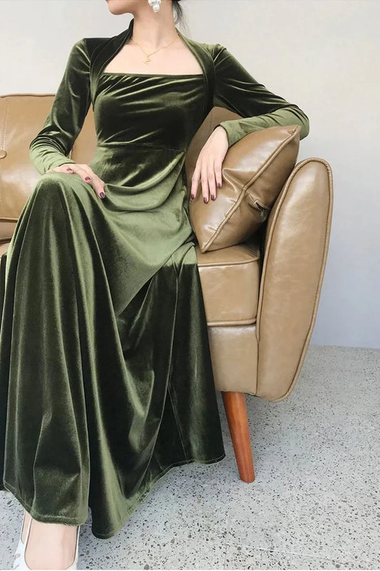 Formal Women's Dresses Long Sleeves Green Velvet Prom Dress A Line Evening Party Dress Prom Dresses Stores