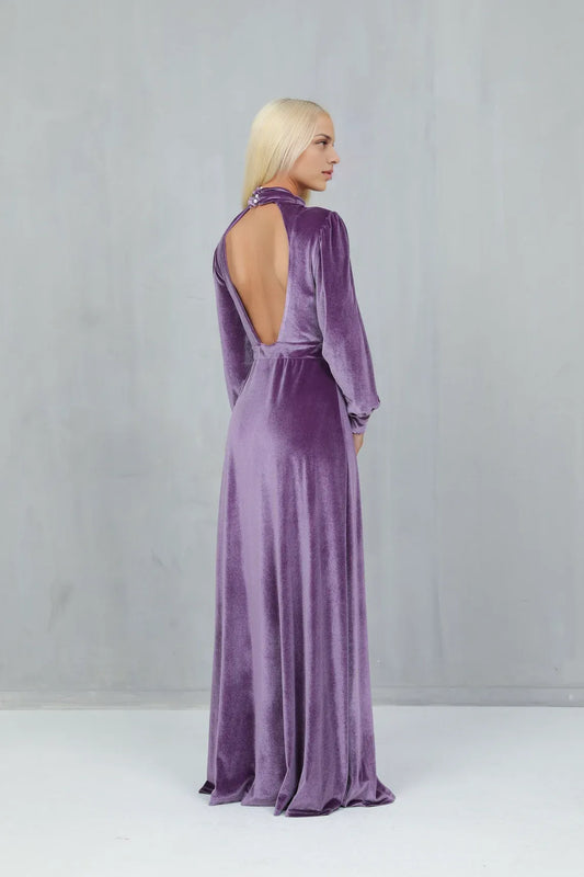 Violet Bridesmaid Dress Velvet Dress Wedding Guest Dress Evening Dress Velvet Long Dress Formal Dress Backless Dress Prom Dress