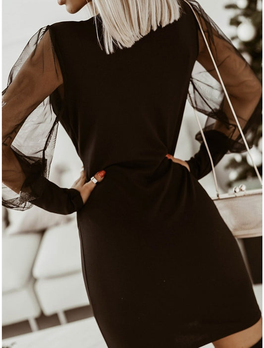 Women‘s Black Dress Party Dress Cocktail Dress Mini Dress Black Green Long Sleeve Mesh Spring Fall Winter V Neck Fashion Winter Dress Wedding Guest Evening Party Black Cocktail Dress