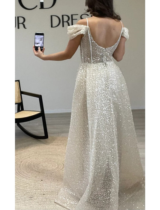 Sheath / Column Prom Dresses Elegant Dress Formal Prom Floor Length Short Sleeve Off Shoulder Sequined with Glitter Ruched