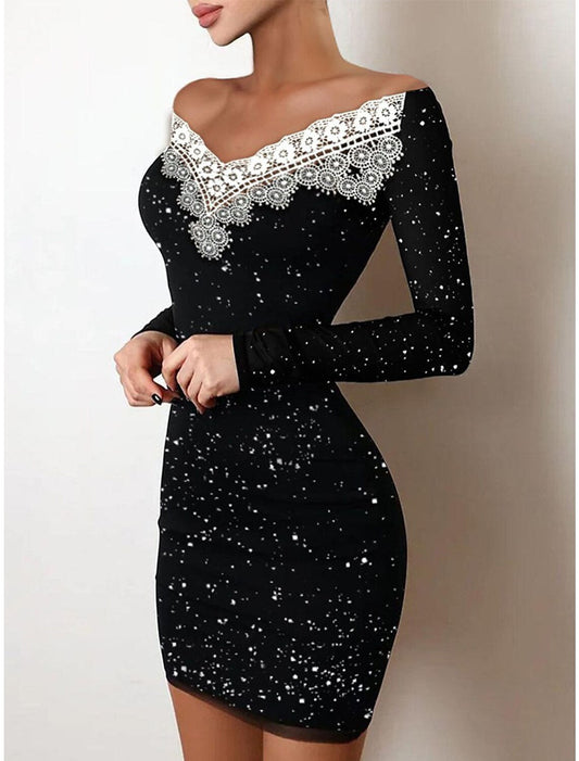 Women's Black Dress Party Dress Wedding Guest Dress Mini Dress Black Khaki Long Sleeve Dot Lace Spring Fall Winter V Neck Fashion Winter Dress Wedding Guest Evening Party