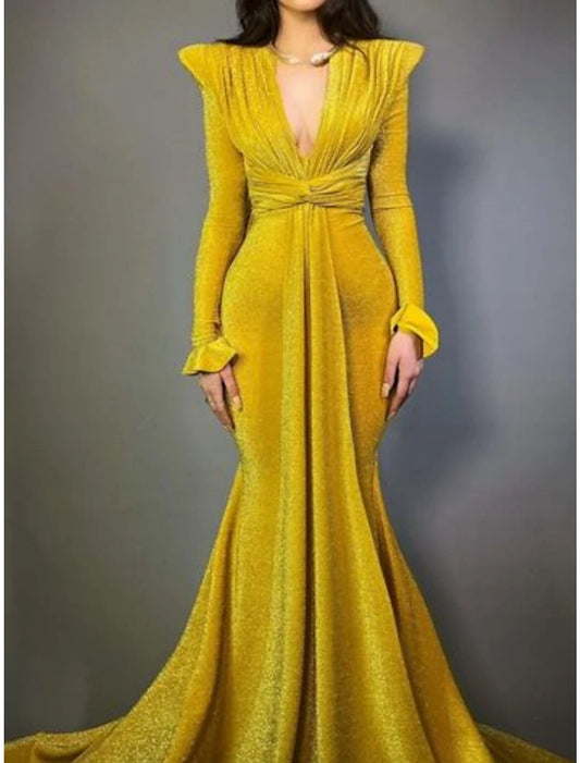 A-Line Evening Gown Elegant Dress Formal Court Train Formal Long Sleeve V Neck with Glitter Pleats Ruched