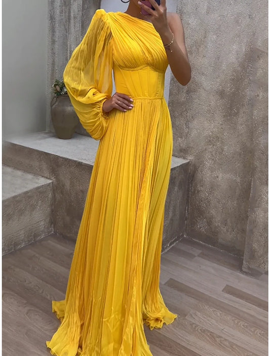 Women's Prom Dress Party Dress Corset Dress Long Dress Maxi Dress Yellow Sleeveless Pure Color Ruched Spring Fall Winter One Shoulder Party Wedding Guest Evening Party Vacation