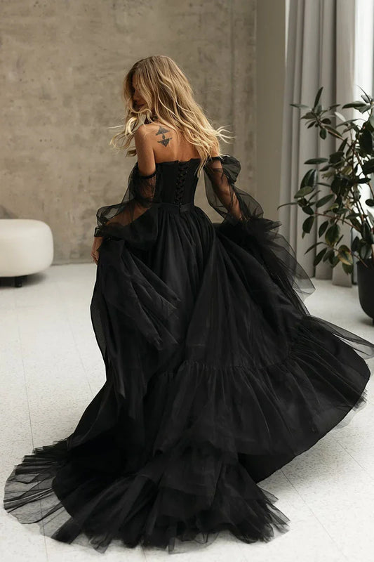 Prom Shop Dresses Promise Of Love Black Long Sleeve Off-the-shoulder Prom Dress Tulle Maxi Dress Formal Women's Dresses