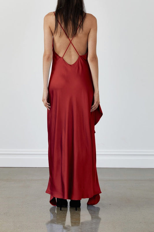 Dress Women's Sexy Satin Spaghetti Strap Maxi Dress V Neck Backless Asymmetrical Ruffle Hem Evening Party Prom Dress