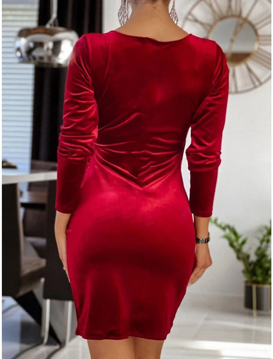 Women's Party Dress Velvet Dress Wedding Guest Dress Mini Dress Black Wine Blue Long Sleeve Pure Color Ruched Spring Fall Winter V Neck Fashion Winter Dress Evening Party Wedding Guest