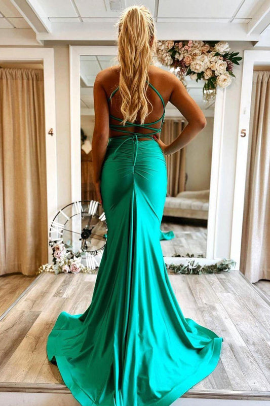 Mermaid Halter Neck Green Long Prom Dress with Criss Cross Back
