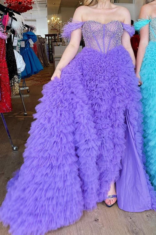 Princess A Line Off the Shoulder Purple/Blue Corset Prom Dress with Beading